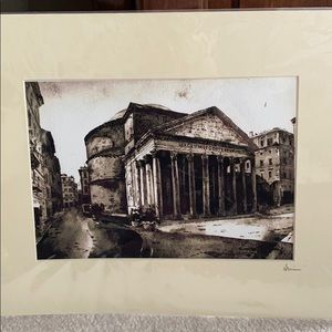 B & W watercolor of Roman Pantheon - signed